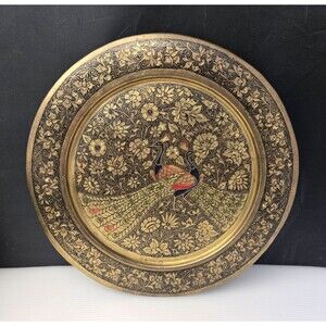 Vintage Etched & Enameled Brass Peacocks Wall Art Plate Floral Design India 11.5